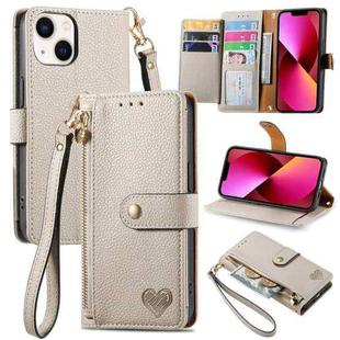 For iPhone 13 Love Zipper Lanyard Leather Phone Case(Gray)
