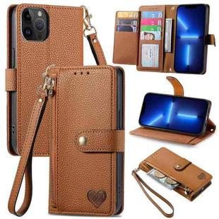 For iPhone 13 Pro Love Zipper Lanyard Leather Phone Case(Brown)