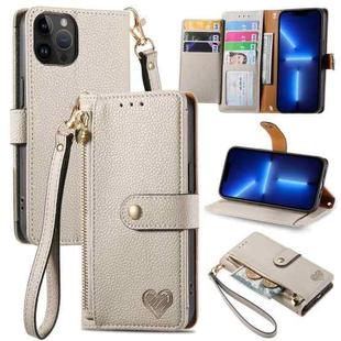 For iPhone 13 Pro Love Zipper Lanyard Leather Phone Case(Gray)