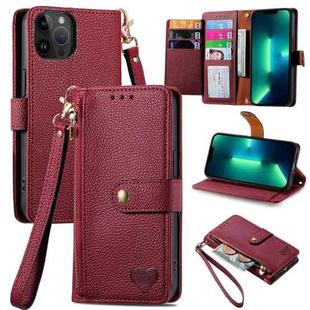 For iPhone 13 Pro Max Love Zipper Lanyard Leather Phone Case(Red)