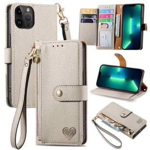 For iPhone 13 Pro Max Love Zipper Lanyard Leather Phone Case(Gray)