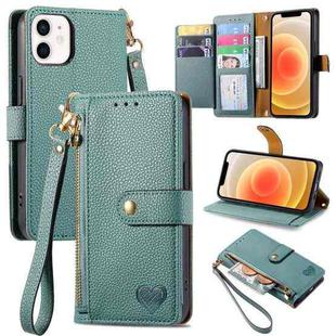 For iPhone 12 mini Love Zipper Lanyard Leather Phone Case(Green)