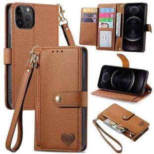 For iPhone 12/12 Pro Love Zipper Lanyard Leather Phone Case(Brown)