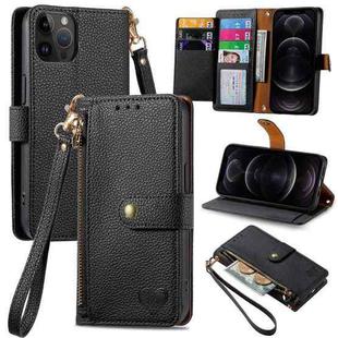 For iPhone 12/12 Pro Love Zipper Lanyard Leather Phone Case(Black)