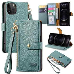 For iPhone 12/12 Pro Love Zipper Lanyard Leather Phone Case(Green)