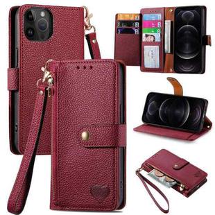 For iPhone 12 / 12 Pro Love Zipper Lanyard Leather Phone Case(Red)