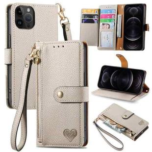 For iPhone 12/12 Pro Love Zipper Lanyard Leather Phone Case(Gray)