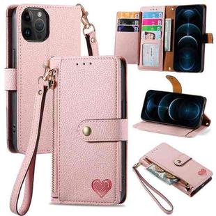 For iPhone 12 Pro Max Love Zipper Lanyard Leather Phone Case(Pink)