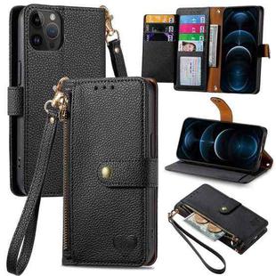 For iPhone 12 Pro Max Love Zipper Lanyard Leather Phone Case(Black)