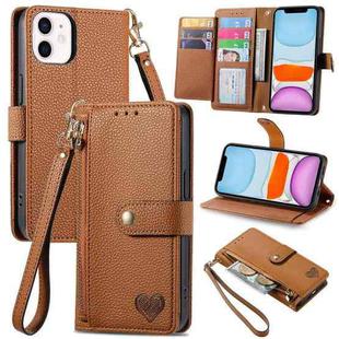 For iPhone 11 Love Zipper Lanyard Leather Phone Case(Brown)