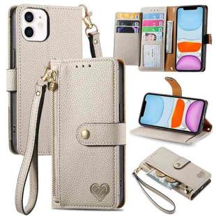 For iPhone 11 Love Zipper Lanyard Leather Phone Case(Gray)