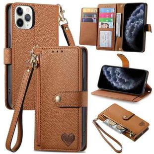 For iPhone 11 Pro Max Love Zipper Lanyard Leather Phone Case(Brown)