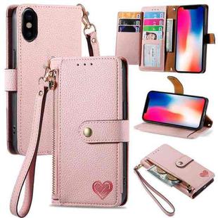 For iPhone X / XS Love Zipper Lanyard Leather Phone Case(Pink)