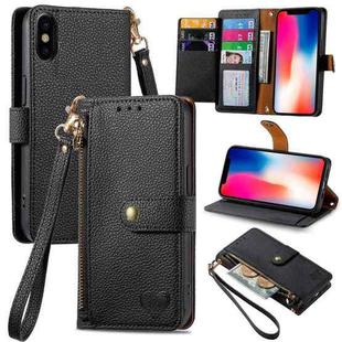 For iPhone X / XS Love Zipper Lanyard Leather Phone Case(Black)