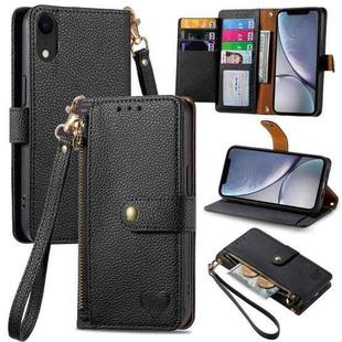 For iPhone XR Love Zipper Lanyard Leather Phone Case(Black)