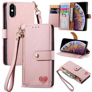 For iPhone XS Max Love Zipper Lanyard Leather Phone Case(Pink)