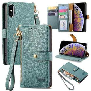 For iPhone XS Max Love Zipper Lanyard Leather Phone Case(Green)