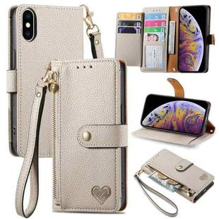 For iPhone XS Max Love Zipper Lanyard Leather Phone Case(Gray)