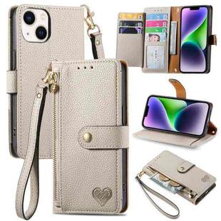 For iPhone 15 Plus Love Zipper Lanyard Leather Phone Case(Gray)