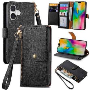 For iPhone 16 Love Zipper Lanyard Leather Phone Case(Black)