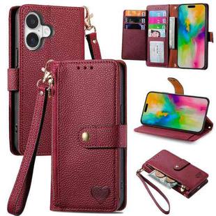 For iPhone 16 Love Zipper Lanyard Leather Phone Case(Red)