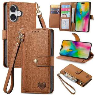 For iPhone 16 Plus Love Zipper Lanyard Leather Phone Case(Brown)