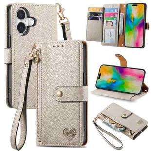 For iPhone 16 Plus Love Zipper Lanyard Leather Phone Case(Gray)