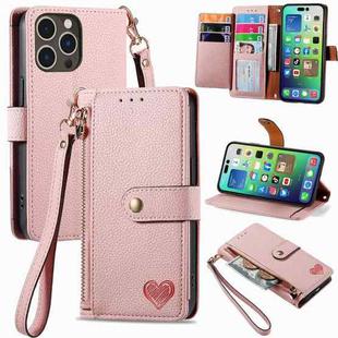 For iPhone 16 Pro Love Zipper Lanyard Leather Phone Case(Pink)