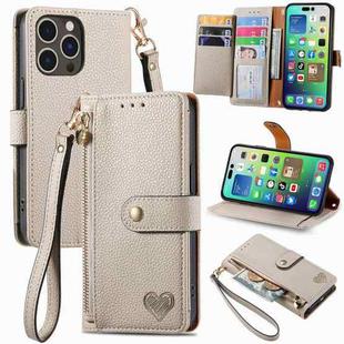 For iPhone 16 Pro Love Zipper Lanyard Leather Phone Case(Gray)