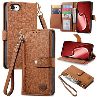 For iPhone 16e Love Zipper Lanyard Leather Phone Case(Brown)