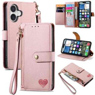 For iPhone 17 Love Zipper Lanyard Leather Phone Case(Pink)