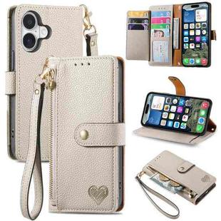 For iPhone 17 Love Zipper Lanyard Leather Phone Case(Gray)