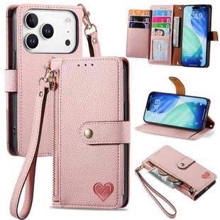For iPhone 17 Pro Love Zipper Lanyard Leather Phone Case(Pink)
