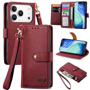 For iPhone 17 Pro Love Zipper Lanyard Leather Phone Case(Red)