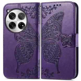 For OnePlus 12 Butterfly Love Flower Embossed Leather Phone Case(Dark Purple)