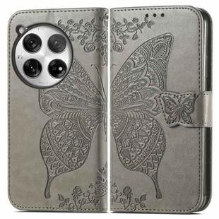 For OnePlus 12 Butterfly Love Flower Embossed Leather Phone Case(Gray)