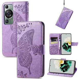 For Huawei P60 Butterfly Love Flower Embossed Leather Phone Case(Light Purple)