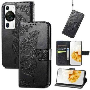 For Huawei P60 Pro Butterfly Love Flower Embossed Leather Phone Case(Black)