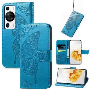 For Huawei P60 Pro Butterfly Love Flower Embossed Leather Phone Case(Blue)