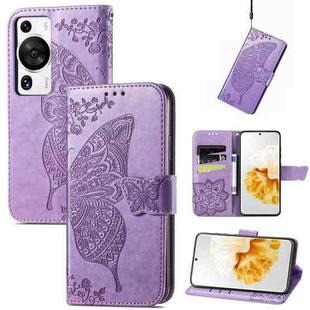 For Huawei P60 Pro Butterfly Love Flower Embossed Leather Phone Case(Light Purple)