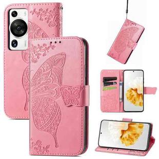 For Huawei P60 Pro Butterfly Love Flower Embossed Leather Phone Case(Pink)