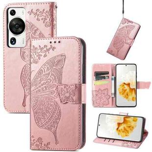 For Huawei P60 Pro Butterfly Love Flower Embossed Leather Phone Case(Rose Gold)