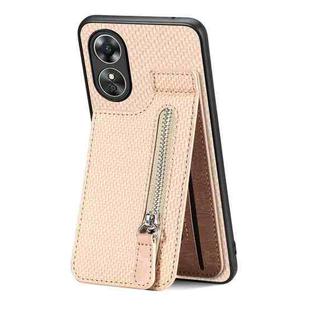For OPPO A17 Carbon Fiber Vertical Flip Zipper Phone Case(Khaki)
