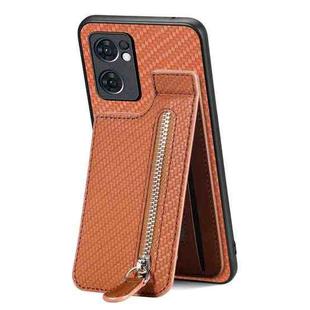 For OPPO Reno7 5G Carbon Fiber Vertical Flip Zipper Phone Case(Brown)
