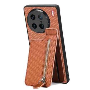 For vivo X90 Pro Carbon Fiber Vertical Flip Zipper Phone Case(Brown)