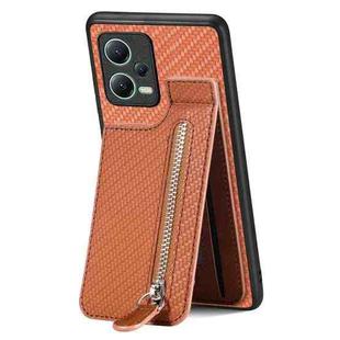 For Redmi Note 12 5G Carbon Fiber Vertical Flip Zipper Phone Case(Brown)