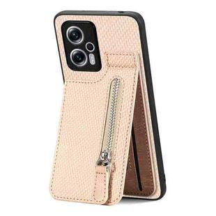 For Redmi Note 11T Pro 5G Carbon Fiber Vertical Flip Zipper Phone Case(Khaki)