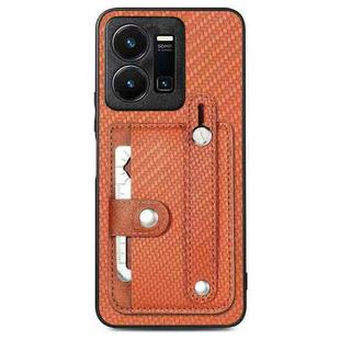 For vivo Y35 Wristband Kickstand Card Wallet Back Cover Phone Case with Tool Knife(Brown)