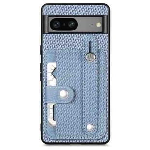 For Google Pixel 7A Wristband Kickstand Card Wallet Back Cover Phone Case with Tool Knife(Blue)