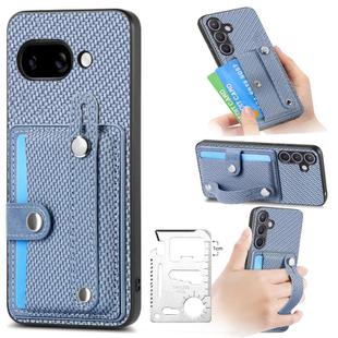 For Google Pixel 9a Wristband Kickstand Card Wallet Back Cover Phone Case with Tool Knife(Blue)